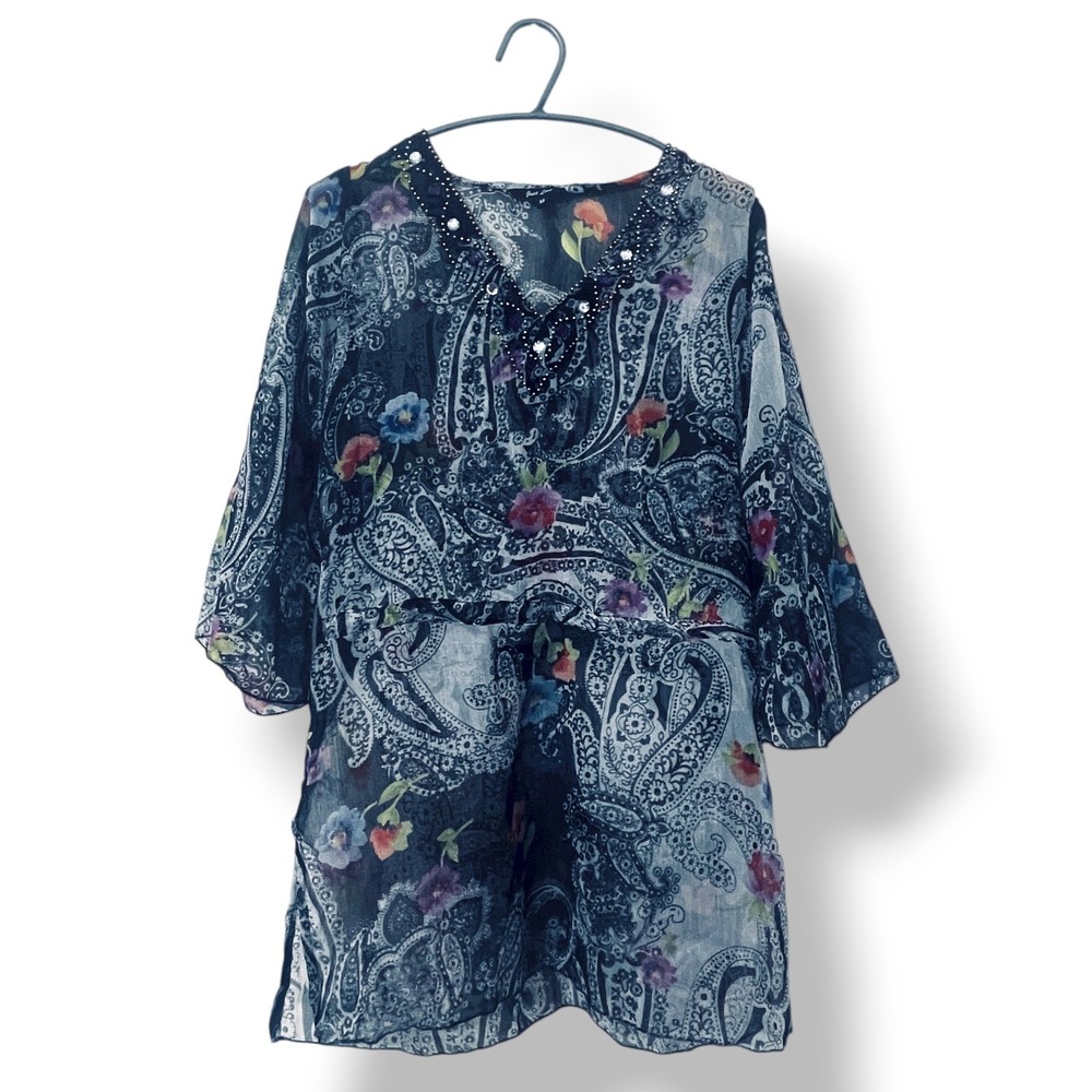 Just Love Womens Floral Paisley‎ Beaded Sheer Tunic Top Blouse Boho Fairy Size M